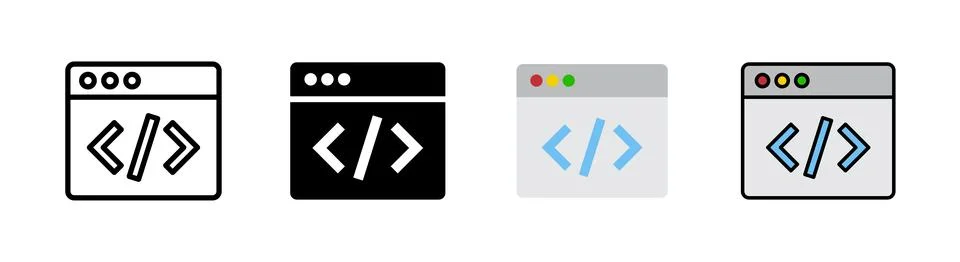 Coding icon set, outlined editable stroke, flat glyph, and colored. Stock-Illustration