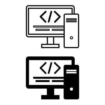 Coding Icons. Black and White Vector Icons. Computer with Written Code and .. Stockillustratie