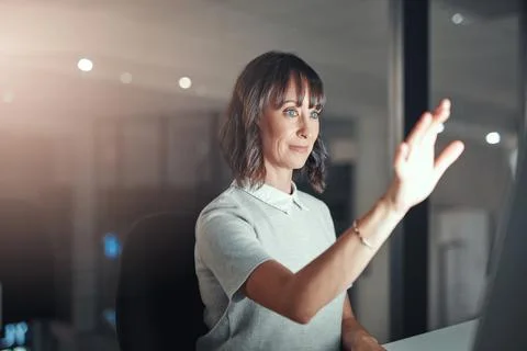 Coding, interface and night with woman in office for palm recognition or so.. Stock Photos