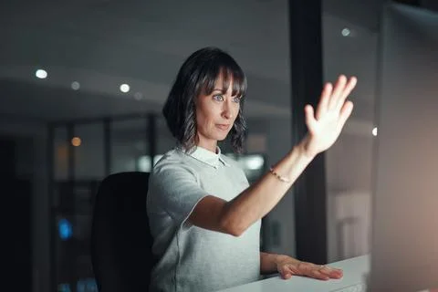 Coding, interface and night with woman in office for digital programming or.. Stock Photos