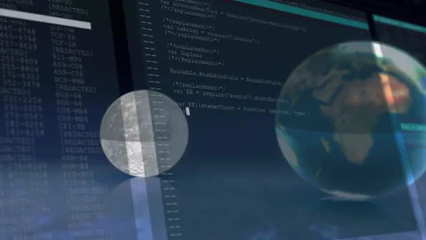 Coding interface with Earth and Moon animations overlaid on digital background Video stock 303609119
