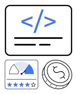 Coding interface, performance gauge, and currency symbol showcasing program.. Stock Illustration