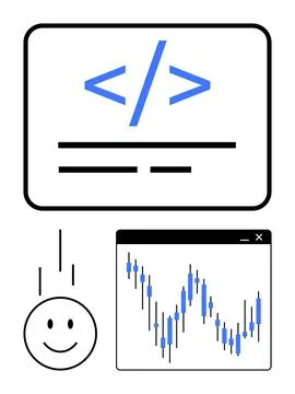 Coding interface with programming tags, falling happy face, and stock market  스톡 일러스트