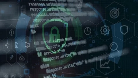 Coding Interface with Security Padlock Overlay Stock Footage 336757439