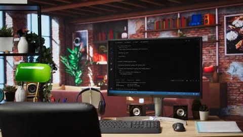 Coding interface shown on computer screen on desk Foto stock