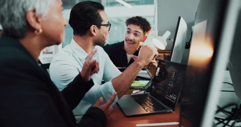 Coding, laptop and people in discussion in office for help, web development or Stock Footage 308994133