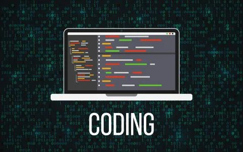 Coding laptop concept on binary background. Programming desktop and matrix 스톡 일러스트