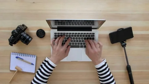 Coding on laptop keyboard freelance man design web software. coder work online. 库存影片 334586175