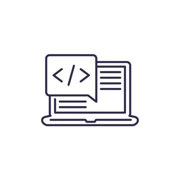Coding line icon with a laptop, vector Stock Illustration