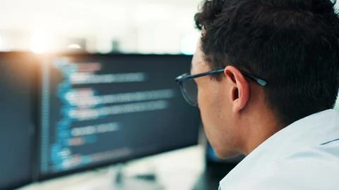 Coding, man and computer screen with reading in office for software development 스톡 사진