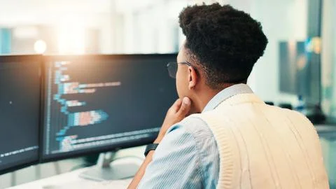 Coding, man and computer screen with thinking in office for programming solution Stock Photos