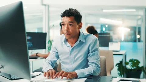 Coding, man and typing on computer in office for app development, software 스톡 사진