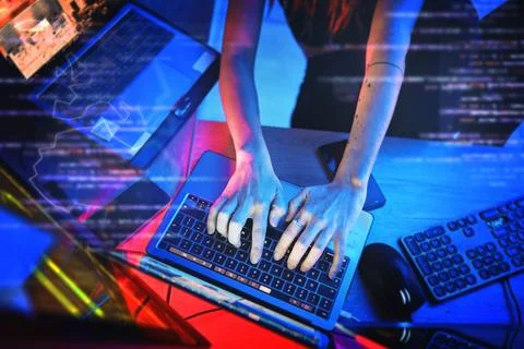 Coding at night, hacker woman hands and computer for cybersecurity, programming Stock-Fotos