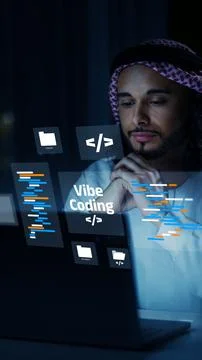Coding at night in a modern workspace with Vibe Coding software in use Foto stock
