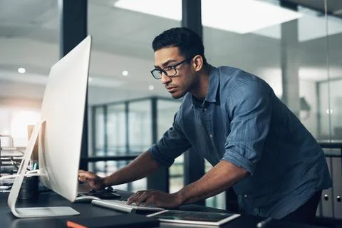 Coding, office and man on computer for programming, system upgrade and software Stock-Fotos