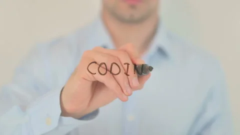 Coding Online, Man Writing on Transparent Screen Stock Footage 204925597