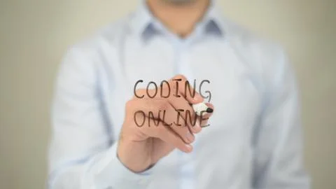 Coding Online , man writing on transparent screen Stockfoto's
