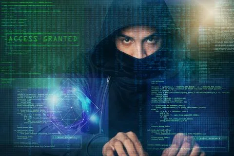 Coding overlay, hacker and portrait of man for programming, malware and Stock-Fotos