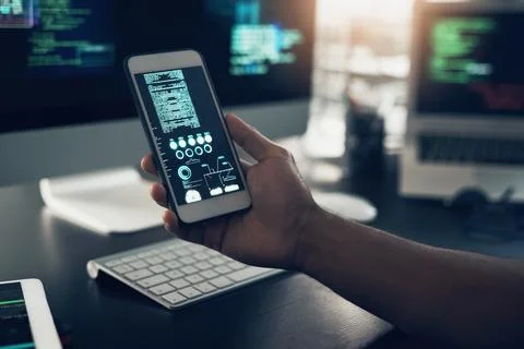 Coding, phone screen and hands of person on computer for programming Stock Photos