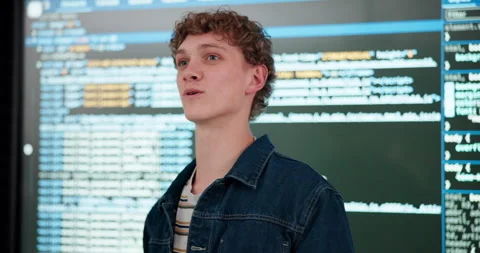 Coding, presentation and speech with man in office of web development company Stock Footage 280957560