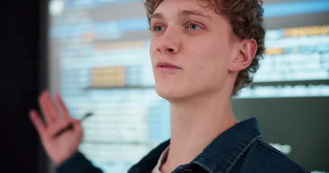 Coding, presentation and workshop with face of man in office of web development Stock Footage 280957631