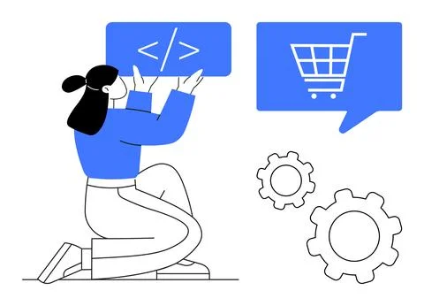 Coding Professional Developing E-commerce Solutions with Cart and Gear Icons Stock Illustration