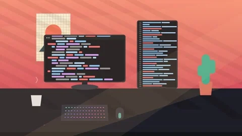 Coding Professionals Desk Features Animated Software Development Code on Du.. Vídeos de archivo 347349539