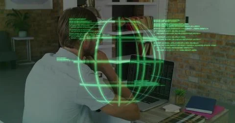Coding programmer wearing light tee working at home office desk with AR globe, Stock Photos