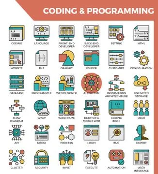 Coding &amp; Programming concept detailed line icons set in modern line icon styl Illustrazione stock