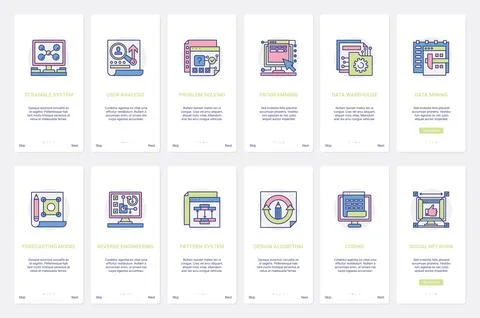 Coding programming technology, data analysis UX, UI onboarding mobile app page Stock-Illustration