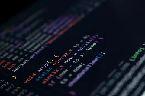 Coding programs on black screen background. 스톡 사진