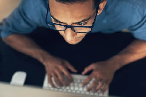 Coding, reading and above of man on computer for programming, website and Stock-Fotos