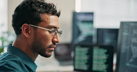 Coding, review or man in agency with computer, system analysis or debugging of Stock Footage 346956964
