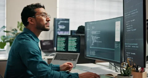 Coding, review or man in office with computer screen, system analysis or debug Stock Footage 346948922