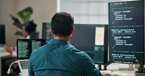 Coding, review or man in office with computer screen, system analysis or Stock Footage 346957014