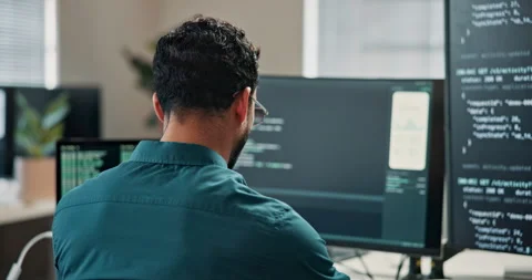Coding, review or man in office with computer, troubleshoot software or debug Stock Footage 346959606