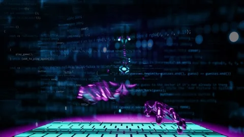 Coding robot 3d animation with many commands of software developing app Stock Footage 295000084