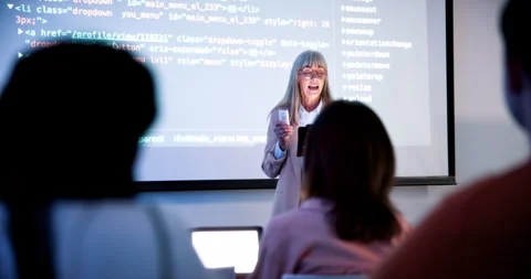 Coding, screen and businesswoman in office with presentation at meeting for Stockbeeldmateriaal 336301955
