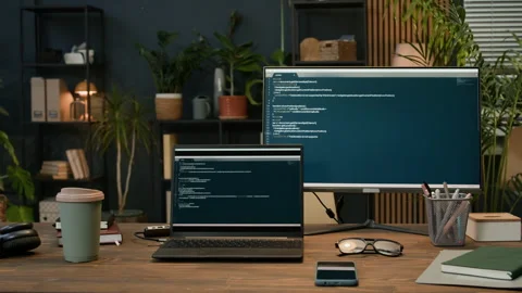 Coding Screens on Digital Gadgets at Desk in No People Startup Office Stock Footage 302888768