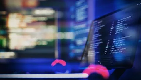 Coding script text on screen. Abstract computer script about big data and b.. Stock-Fotos