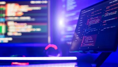 Coding script text on screen. Abstract computer script about big data and b.. Foto stock