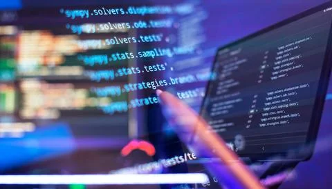 Coding script text on screen. Abstract computer script about big data and b.. Stock-Fotos