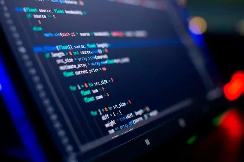 Coding script text on screen. Notebook closeup photo. Running Computer data.. Stock-Fotos