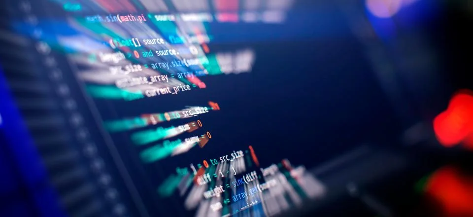 Coding script text on screen. Notebook closeup photo. Running Computer data.. Foto stock