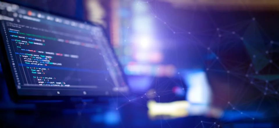 Coding script text on screen. Notebook closeup photo. Running Computer data.. Stock-Fotos