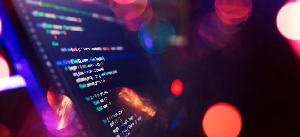 Coding script text on screen. Notebook closeup photo. Running Computer data.. Stock-Fotos