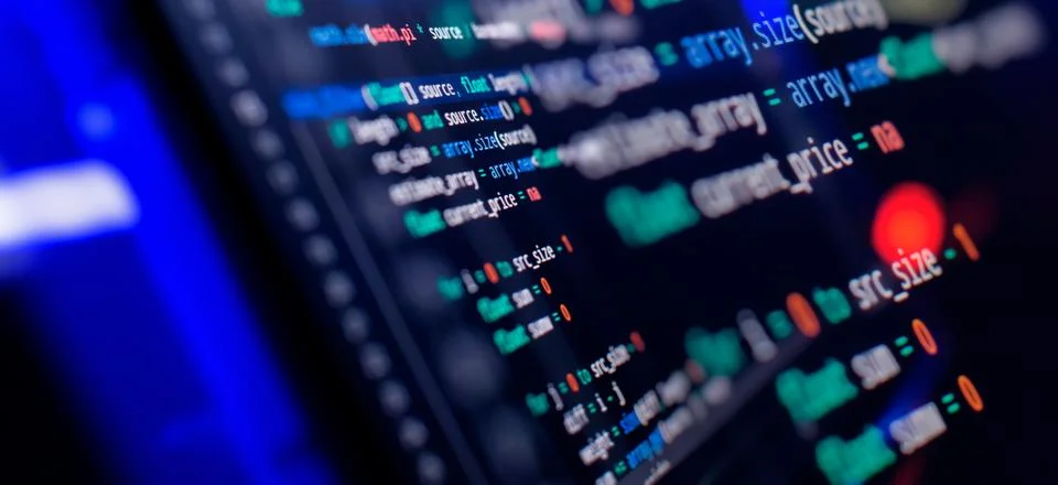 Coding script text on screen. Notebook closeup photo. Running Computer data.. Stock Photos