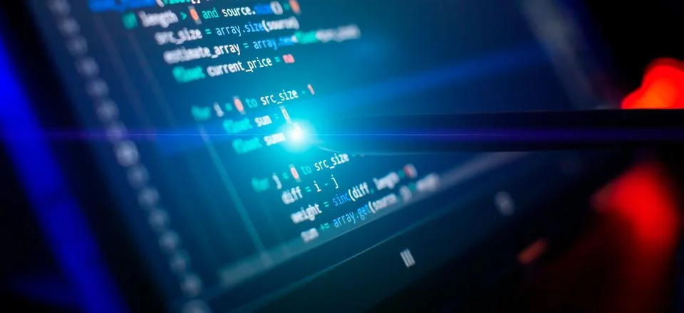 Coding script text on screen. Notebook closeup photo. Running Computer data.. Stock-Fotos