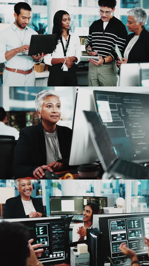 Coding, series and group with tech in office, smile and applause for software Stock Footage 333230111