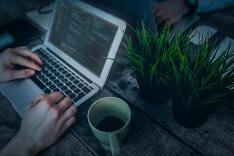 Coding session at a desk with coffee and plants in the workspace Foto stock